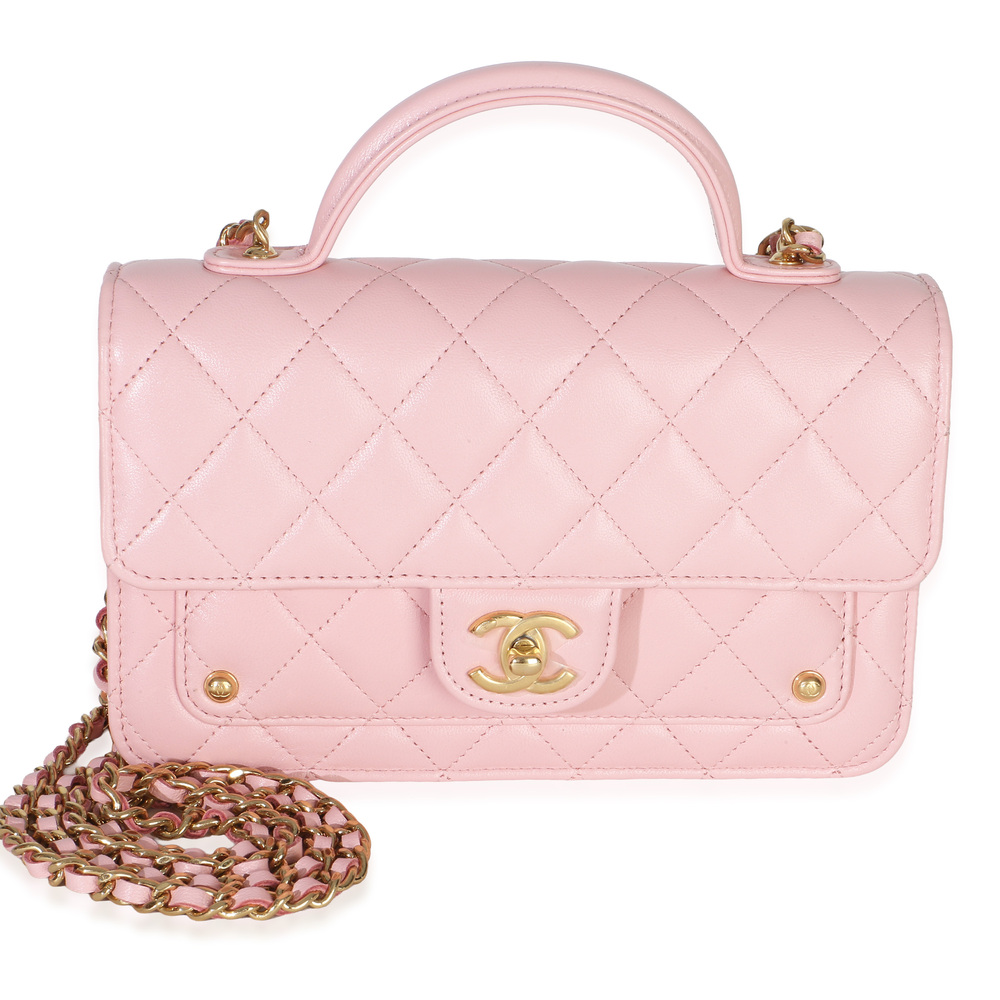 Chanel Light Pink Quilted Lambskin Preppy Satchel Wallet On Chain